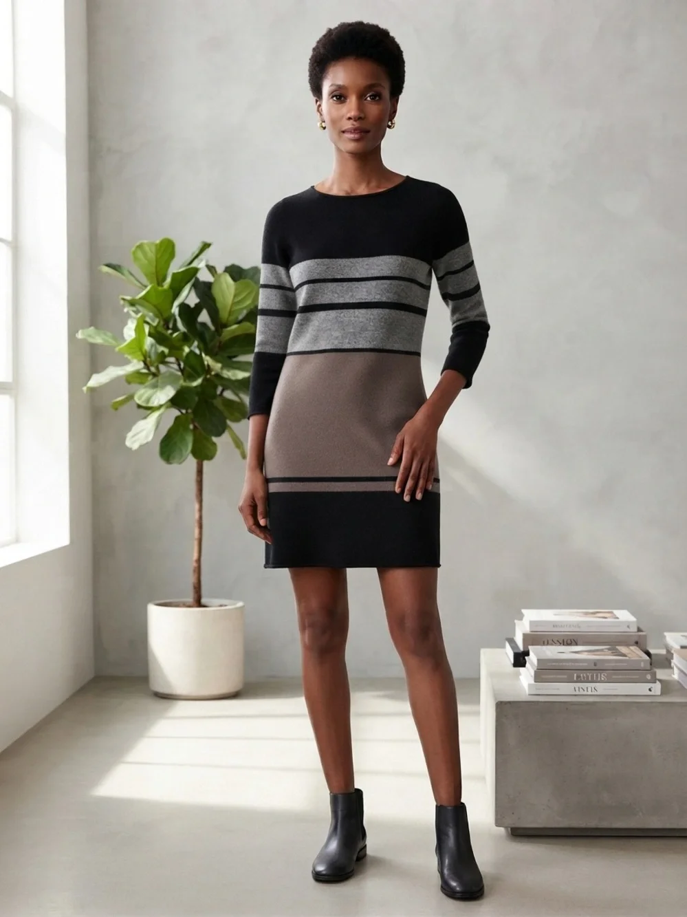 360 Cashmere Striped Knit Mini Dress in Black, Gray & Taupe